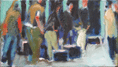 Amsterdam 1, Menschen warten an der Gepäckausgabe, gemalt mit Ölfarben